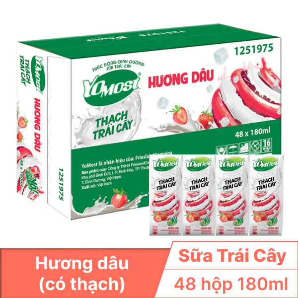Thùng 48 hộp thạch trái cây YoMost hương dâu 180ml