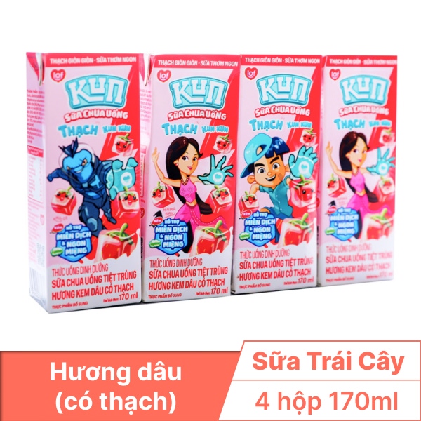 Lốc 4 hộp sữa trái cây Kun dâu có thạch 170ml
