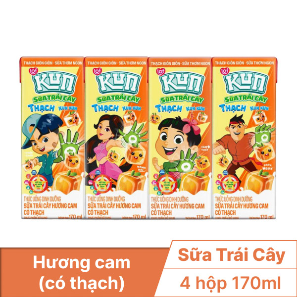 Lốc 4 hộp sữa trái cây Kun hương cam có thạch 170ml
