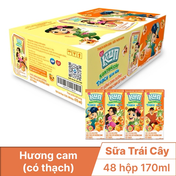 Thùng 48 hộp sữa trái cây Kun hương cam có thạch 170ml