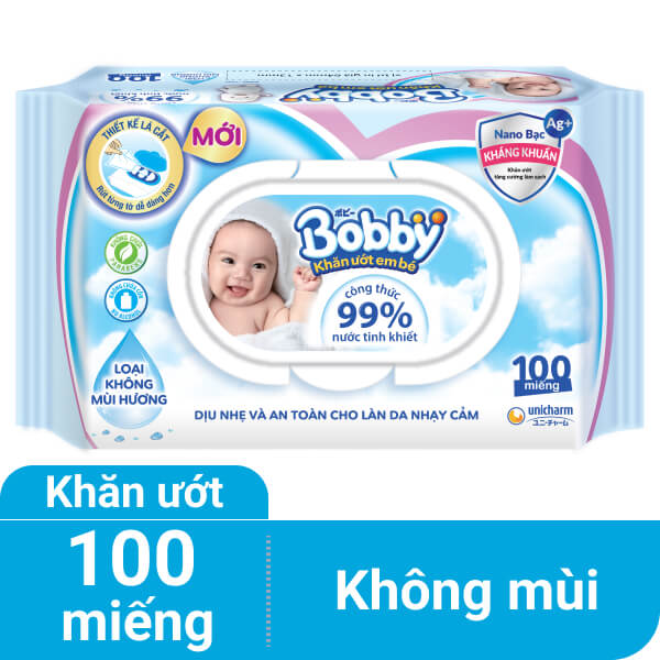 Khăn ướt em bé Bobby không mùi gói 100 miếng