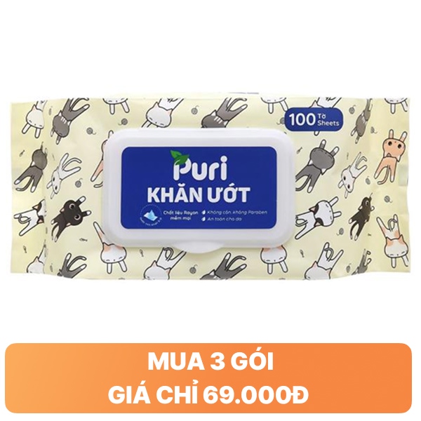 Khăn ướt Puri không mùi gói 100 miếng