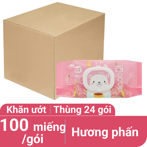 Thùng 24 gói khăn ướt em bé Puri cao cấp hương phấn gói 100 miếng