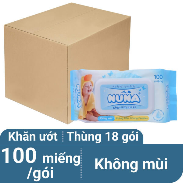 Thùng 18 gói khăn ướt em bé Bobby không mùi gói 100 miếng