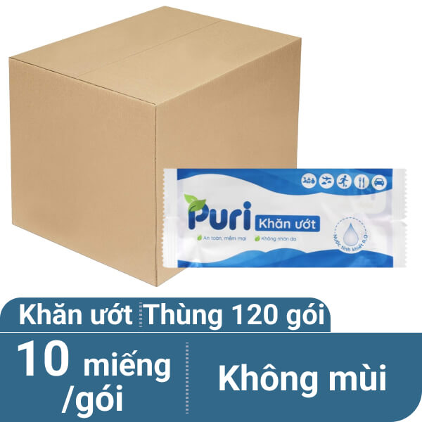 Thùng 120 gói khăn ướt em bé Puri không mùi gói 10 miếng