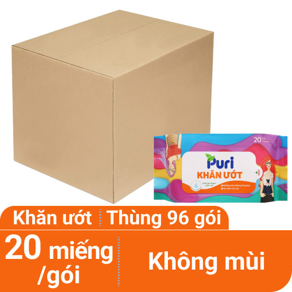 Thùng 96 gói khăn ướt Puri không mùi gói 20 miếng
