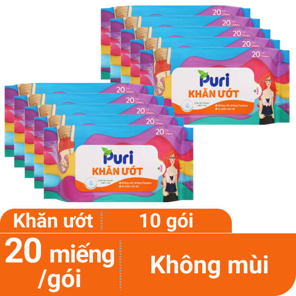 Combo 10 gói khăn ướt Puri không mùi 20 miếng