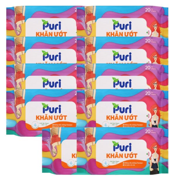 Combo 10 gói khăn ướt Puri không mùi gói 20 miếng