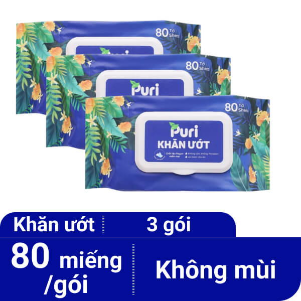 Combo 3 gói khăn ướt Puri không mùi gói 80 miếng