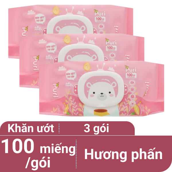 3 gói khăn ướt em bé Puri cao cấp hương phấn gói 100 miếng