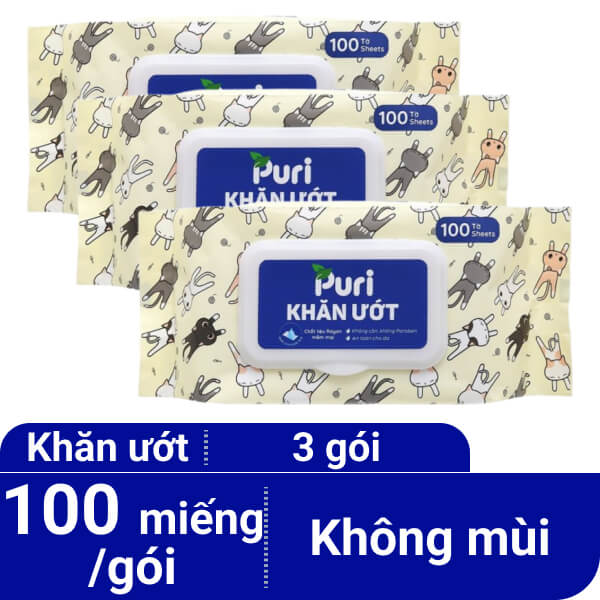 3 gói khăn ướt Puri không mùi gói 100 miếng