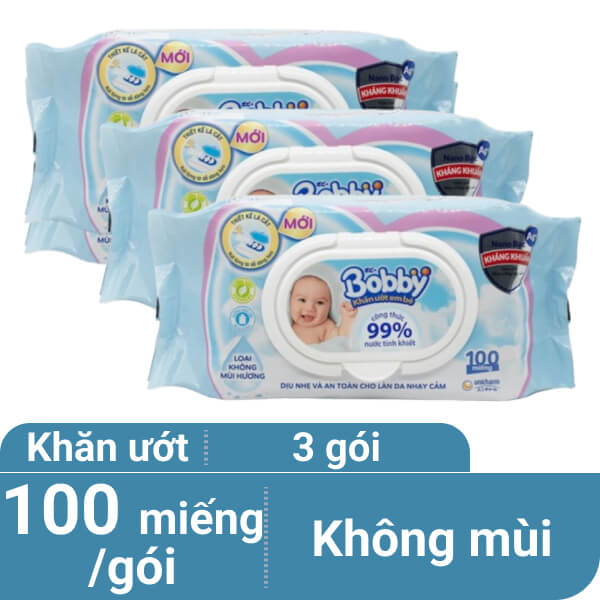 3 gói khăn ướt em bé Bobby không mùi gói 100 miếng