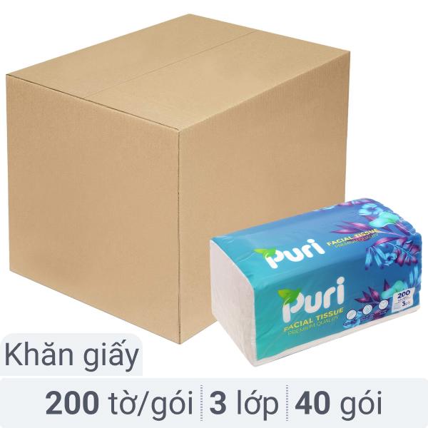 Thùng 40 gói khăn giấy Puri 3 lớp 200 tờ