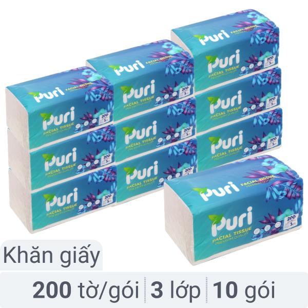 Combo 10 gói khăn giấy rút Puri 3 lớp 200 tờ
