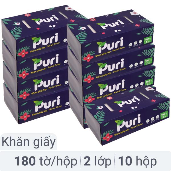 Combo 10 hộp khăn giấy Puri 2 lớp 180 tờ