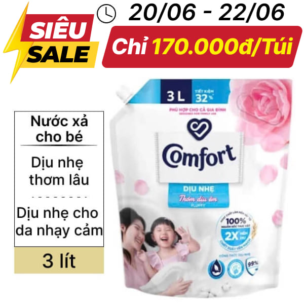 Nước xả vải Comfort dịu nhẹ thơm dịu êm 3 lít