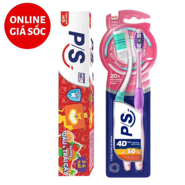 Kem đánh răng trẻ em 2 - 6 tuổi P/S dâu 90g & 2 bàn chải P/S 4D siêu mềm mảnh
