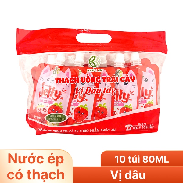 Lốc 10 túi thạch uống trái cây Jelly vị dâu 80ml