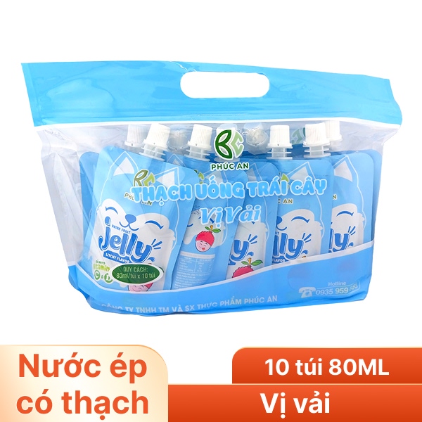 Lốc 10 túi thạch uống trái cây Jelly vị vải 80ml