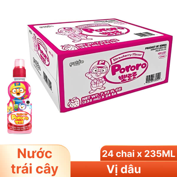 Thùng 24 chai nước trái cây Pororo dâu 235ml