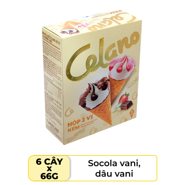 Hộp 6 cây kem ốc quế socola vani & dâu vani Celano 66g