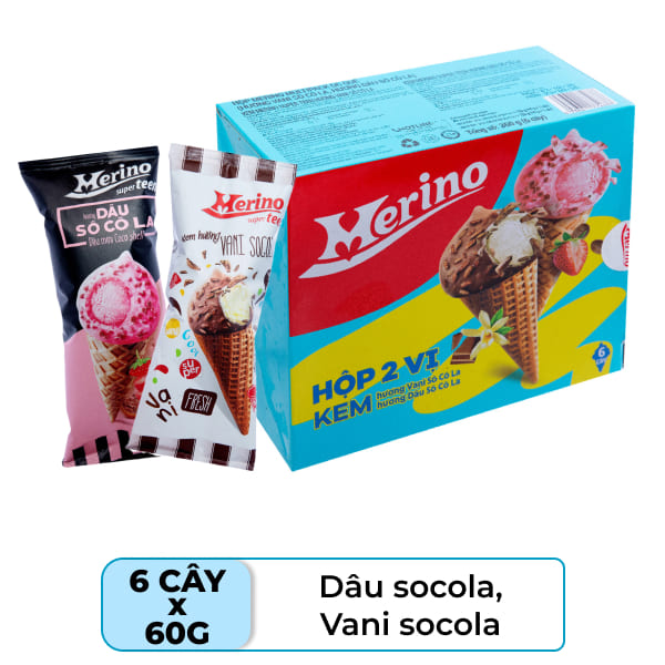 Hộp 6 cây kem ốc quế vani socola & dâu socola Merino 60g