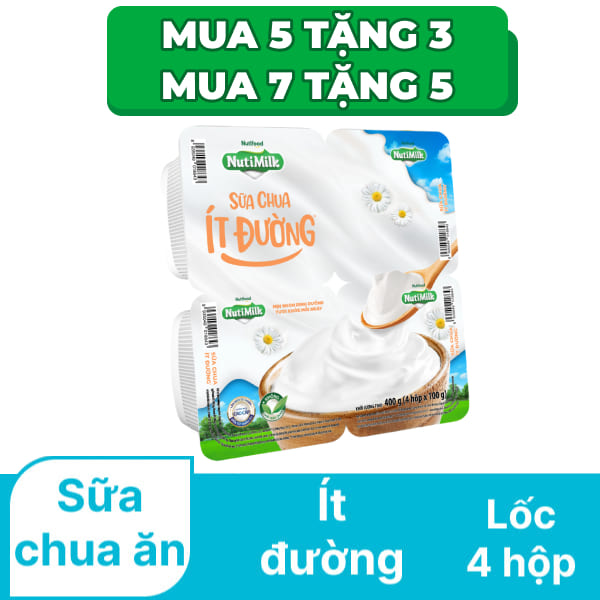 Lốc 4 hộp sữa chua ăn ít đường Nutimilk 100g