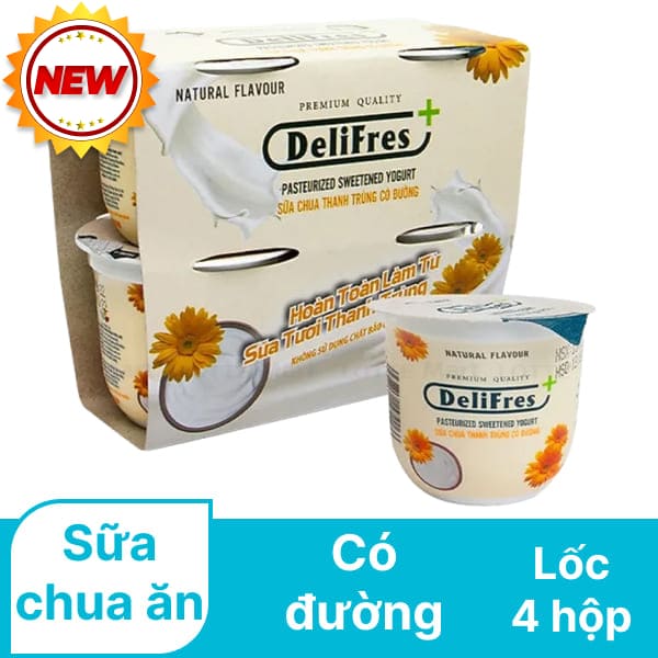 Lốc 4 hộp sữa chua ăn thanh trùng DeliFres+ có đường 80g