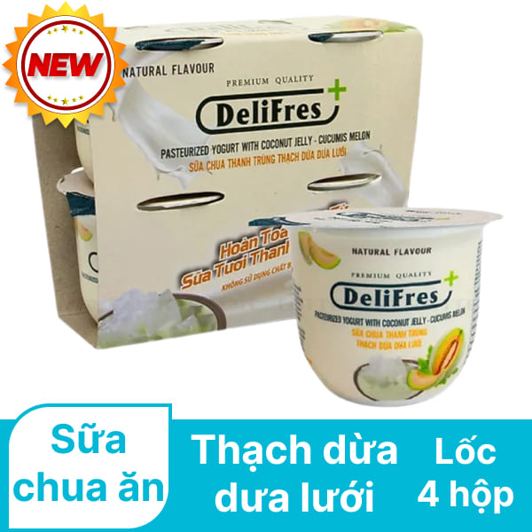 Lốc 4 hộp sữa chua ăn thanh trùng DeliFres+ thạch dừa dưa lưới 80g