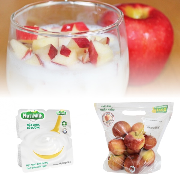 Lốc 4 hộp sữa chua có đường Nutimilk 100g + Táo Nam Phi giòn ngọt 1kg