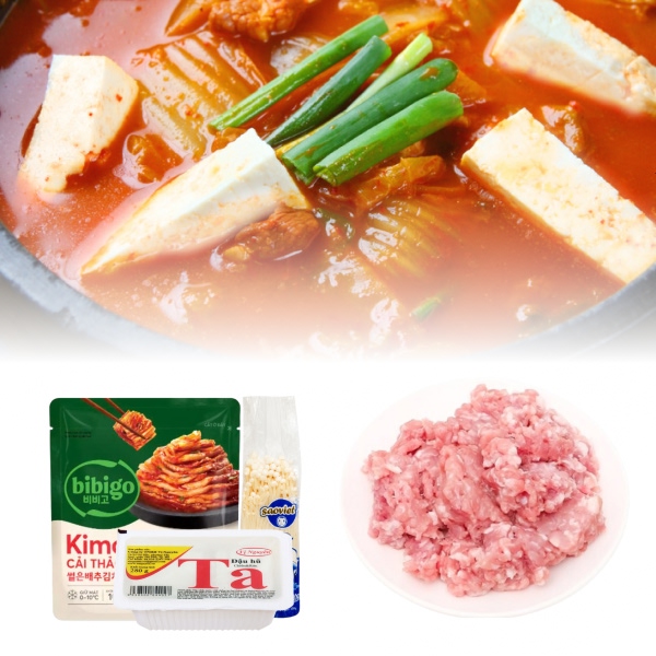 Thịt heo xay C.P 100g + Kim chi cải thảo cắt lát Bibigo 100g + Đậu hũ ta Vị Nguyên 280g + Nấm kim châm nội địa Trung 150g