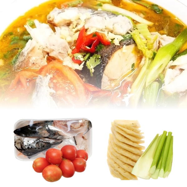 Đầu cá hồi salar làm sạch 600g-700g + Thơm trái gọt sẵn 200g + Bạc hà 200g + Cà chua 300g