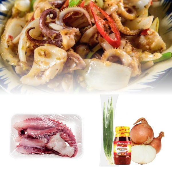 Râu mực nhập khẩu 300g + Hành tây 300g + Sa tế tôm Cholimex 90g + Hành lá 100g