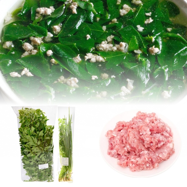 Rau ngót khoảng 250g + Thịt heo xay C.P 100g + Hành lá, ngò rí 100g