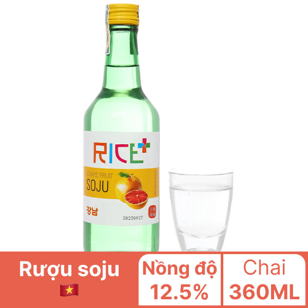 Rượu soju Rice+ hương bưởi 12.5% chai 360ml