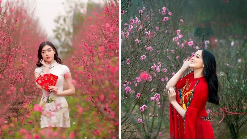 Chụp áo dài Tết ở làng hoa Nhật Tân