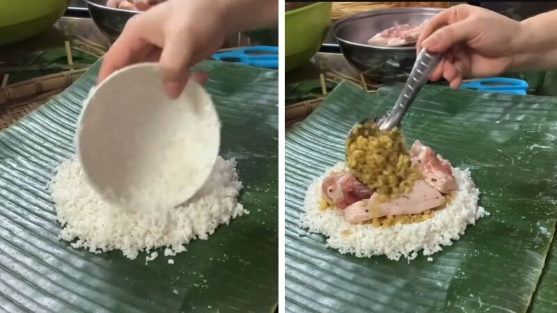 Bước 1: Chuẩn bị lá chuối và sắp nguyên liệu Bước 1: Chuẩn bị lá chuối và sắp nguyên liệu