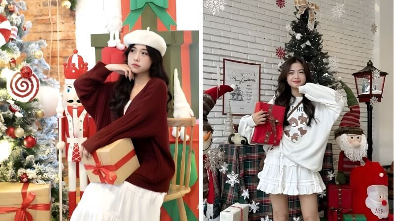 Chụp ảnh Noel bên cạnh các hộp quà Chụp ảnh Noel bên cạnh các hộp quà