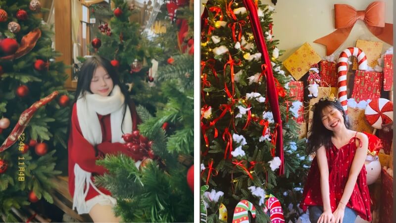 Tạo dáng chụp ảnh với cây thông noel Tạo dáng chụp ảnh với cây thông noel