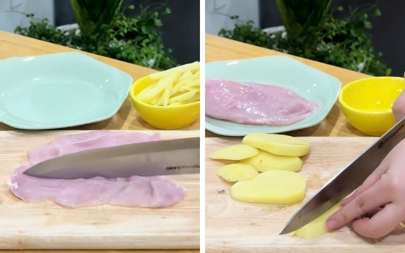 Chuẩn bị gà và khoai tây sạch sẽ để chiên giòn đều Chuẩn bị gà và khoai tây sạch sẽ để chiên giòn đều