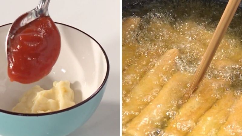 Bước 4: Pha nước sốt chấm và chiên ram Bước 4: Pha nước sốt chấm và chiên ram