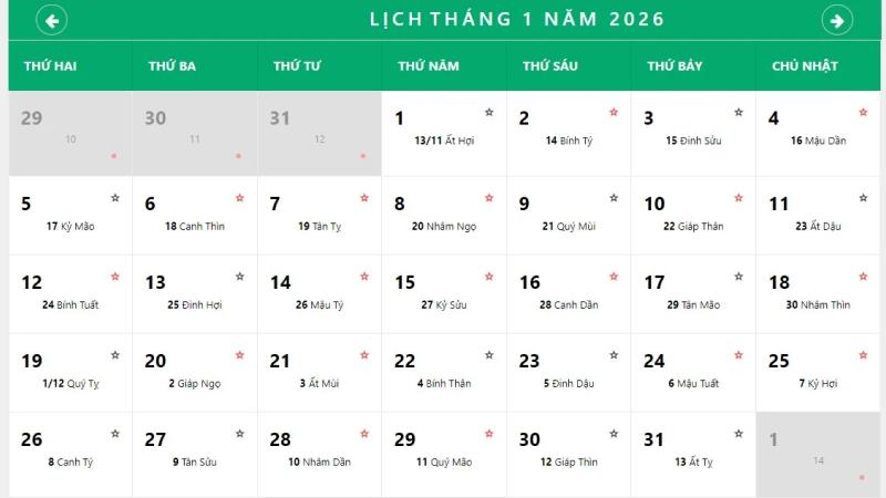 Các ngày tốt trong tháng 1/2026