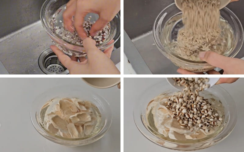 Các nguyên liệu được rửa sạch, ngâm mềm và để ráo.