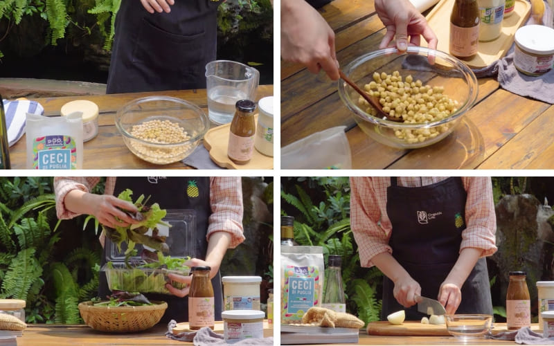 Nguyên liệu được rửa sạch, cắt nhỏ, chuẩn bị sẵn.