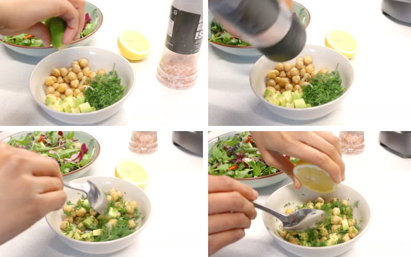 Hỗn hợp được trút vào rau xà lách, trộn đều.