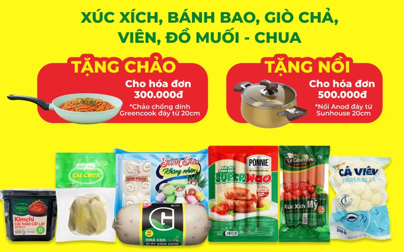 Mua Xúc Xích, Bánh Bao, Giò Chả Tặng Nồi Sunhouse, Chảo & Voucher 60k