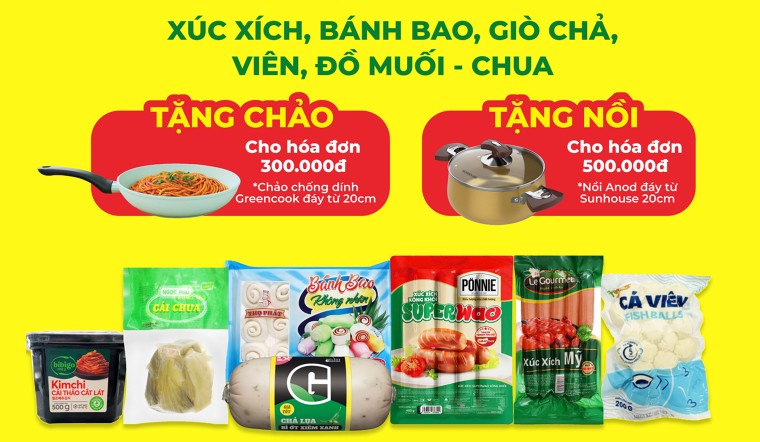 Mua Xúc Xích, Bánh Bao, Giò Chả Tặng Nồi Sunhouse, Chảo Xịn & Voucher 60k