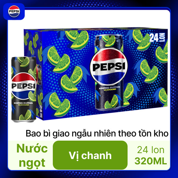 Thùng 24 lon nước ngọt Pepsi không calo vị chanh 320ml