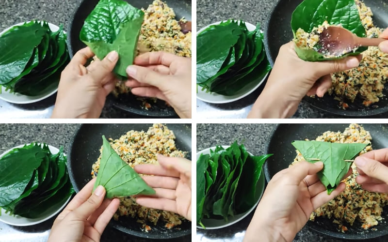 Nhân chay được cuốn khéo léo trong lá lốt.