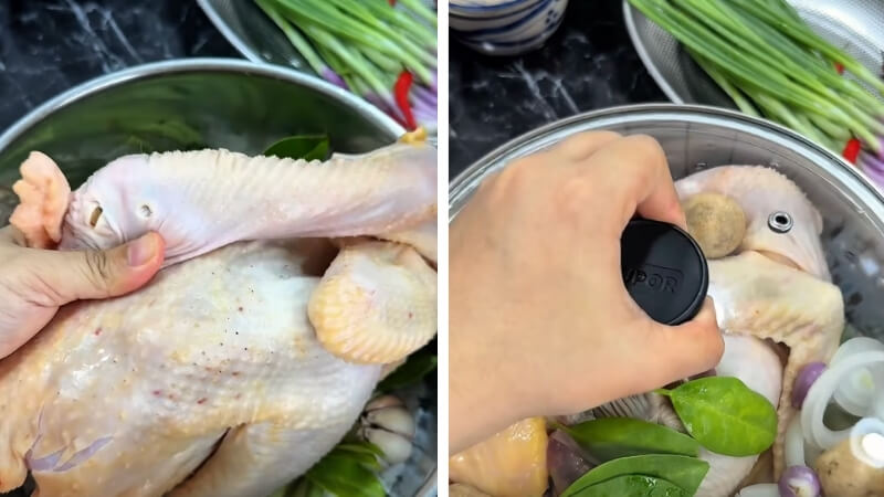 Bước 2 là xếp gà vào nồi